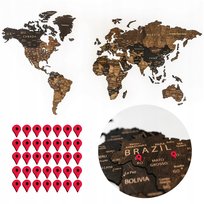 Mapa Świata Drewniana 3D SZCZEGÓŁOWA Na Ścianę 105x60cm +Tagi Samoprzylepne