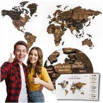 Mapa Świata Drewniana 3D XXL Miasta Ciemny Brąz 181x100 cm Puzzle na Ścianę
