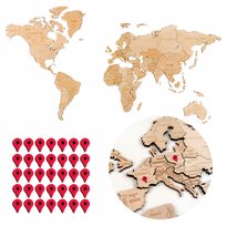 MAPA ŚWIATA DREWNIANA z Efektem 3D L 105 x 60 cm SZCZEGÓŁOWA+ 36 PINEZEK