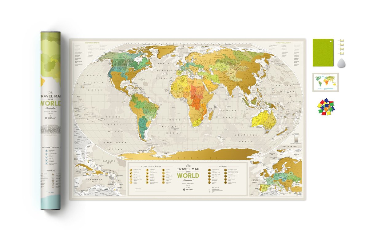 Mapa zdrapka świata Travel map geography world, beżowa
