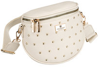 Markowa saszetka nerka damska PETERSON modna mała miejska saszetka z ozdobnymi ćwikami skóra ekologiczna kieszonki na telefon drobiazgi złote okucia szeroki odpinany pasek ecru