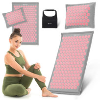 Mata do akupresury ECO lniana z włóknem kokosowym i poduszką z gryki – 68 cm HyperMotion szaro-różowa