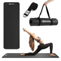 Mata do ćwiczeń fitness i jogi NBR z wielofunkcyjnym paskiem do ćwiczeń i przenoszenia - 183 x 61 x 0,8 cm HyperMotion - kolor czarny