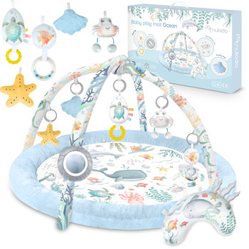 Mata edukacyjna interaktywna Ocean niebieska dla dzieci niemowląt, kokon kojec gniazdo z pałąkiem i zabawkami Nukido - Nukido