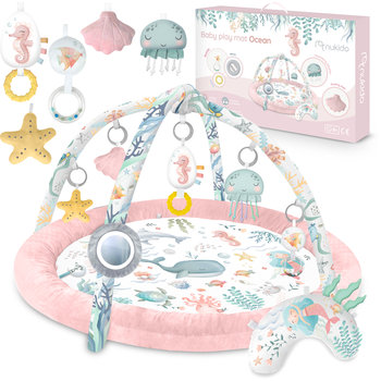 Mata edukacyjna interaktywna Ocean różowa dla dzieci niemowląt, kokon kojec gniazdo z pałąkiem i zabawkami Nukido - Nukido