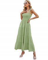 Maxi Sukienka Długa Wzory Boho Plażowa Wiązane Ramiączka Na Lato Zielona