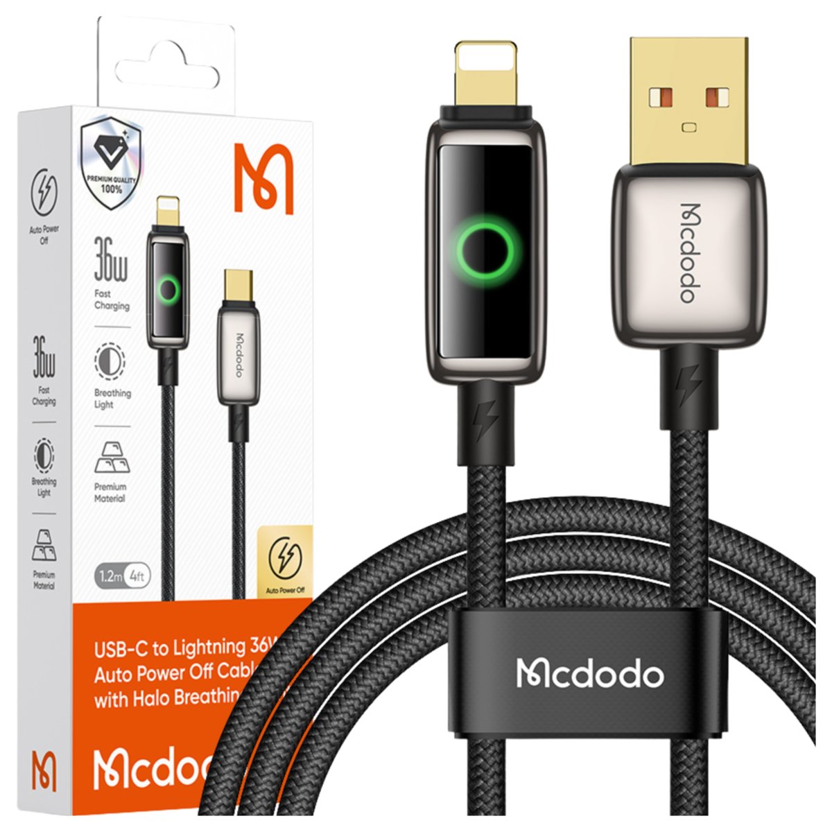 MCDODO KABEL USB DO IPHONE LIGHTNING 3A SZYBKIE ŁADOWANIE 36W 1M LED CZARNY