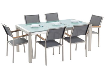 Meble ogrodowe BELIANI Grosseto, stół szklany, 180 cm, szare krzesła, 7 elementów - Beliani