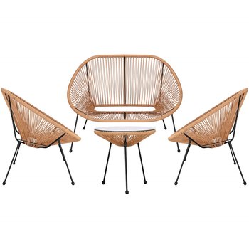 Meble ogrodowe rattanowe stół ze szkłem hartowanym 2 fotele ażurowe, sofa beżowe - Springos