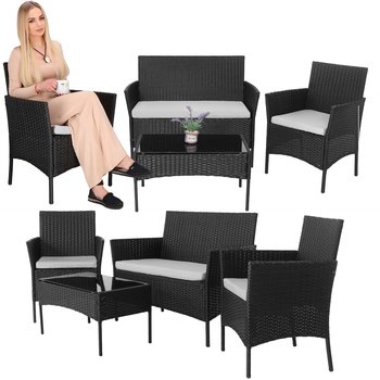 Meble ogrodowe technorattanowe komplet sofa, 2 fotele i stolik ze szklanym blatem czarne - Springos