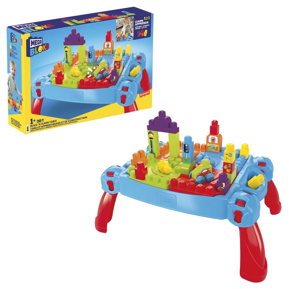 Mega Bloks, Stolik z klockami „Buduj i ucz się” (Niebieski), konstrukcyjny, dla dzieci 1+ FGV05