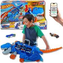 MEGA Zestaw HOT WHEELS – T-Rex Transporter z Torami + 2 Autka – Dinozaur, Który Je Samochodziki i Robi SHOW Efekty LED + Dźwięki PREZENT DLA DZIECKA + EBOOK-1