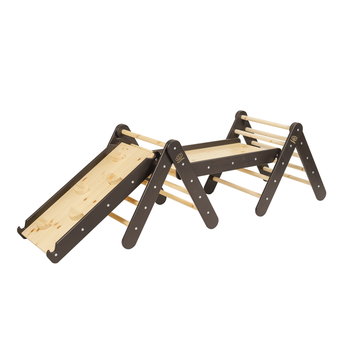 MEOWBABY Dwie Drewniane Drabinki z Dwiema Zjeżdżalniami Wspinaczkowymi dla Dzieci, Zestaw Naturalny - MeowBaby