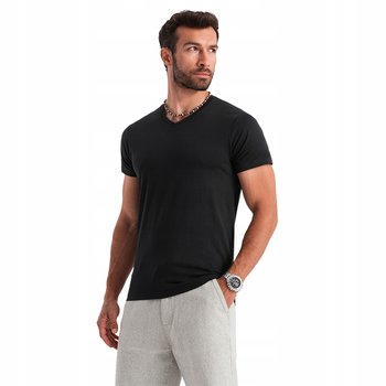 Męska bawełniana koszulka z dekoltem serek BASIC czarna V1 OM-TSBS-0145 3XL - Ombre