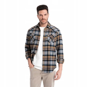 Męska flanelowa koszula w kratę szaro-żółta V1 OM-SHCS-0149 S - Ombre