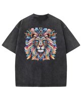 Męska koszulka oversize efekt sprania Artystyczny Kolorowy Lew Czarna M