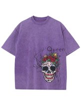 Męska koszulka oversize efekt sprania Czaszka Królowa Kwiat Fioletowa XL