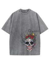 Męska koszulka oversize efekt sprania Czaszka Królowa Kwiat Grafitowa M