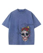 Męska koszulka oversize efekt sprania Czaszka Królowa Kwiat Niebieska L