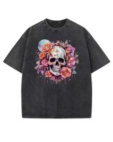 Męska koszulka oversize efekt sprania Czaszka w Różach Kwiaty Czarna XL
