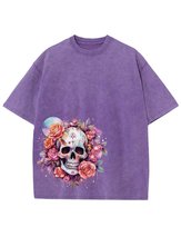 Męska koszulka oversize efekt sprania Czaszka w Różach Kwiaty Fioletowa XL