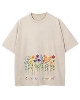 Męska koszulka oversize efekt sprania Kolorowe Kwiaty Wiosna Beżowa XXL