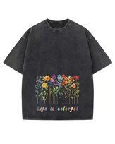 Męska koszulka oversize efekt sprania Kolorowe Kwiaty Wiosna Czarna XL