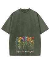 Męska koszulka oversize efekt sprania Kolorowe Kwiaty Wiosna Khaki L