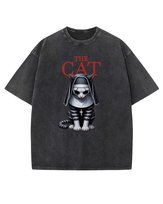 Męska koszulka oversize efekt sprania Kot Parodia Horror Czarna L