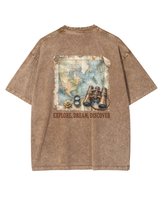 Męska koszulka oversize efekt sprania Mapa Podróże Wakacje Brązowa L