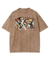 Męska koszulka oversize efekt sprania Mapa Świata Wakacje Brązowa L