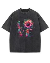 Męska koszulka oversize efekt sprania Miłość Love Kwiaty Czarna XXL