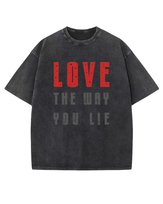 Męska koszulka oversize efekt sprania nadruk hybrydowy Miłość Czarny M