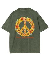 Męska koszulka oversize efekt sprania Pokój Miłość Słońce Khaki XXL