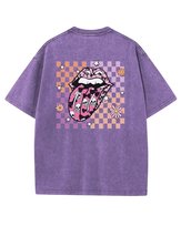 Męska koszulka oversize efekt sprania Rock Vibe Usta Język Fioletowa XL