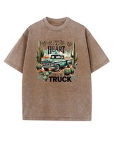 Męska koszulka oversize efekt sprania Samochód Ciężarówka Brązowa XL