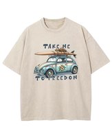 Męska koszulka oversize efekt sprania Samochód Garbus Beżowa M