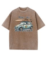 Męska koszulka oversize efekt sprania Samochód Garbus Brązowa M