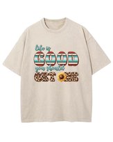 Męska koszulka oversize efekt sprania z napisem Życie jest dobre Beżowa S