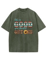 Męska koszulka oversize efekt sprania z napisem Życie jest dobre Khaki XL