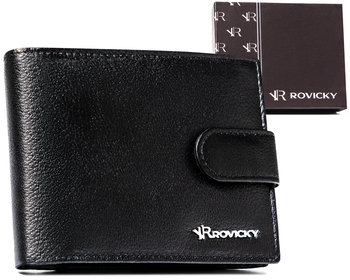 Męski skórzany portfel Rovicky na karty i dokumenty z ochroną RFID elegancka portmonetka na zatrzask, czarny - Rovicky