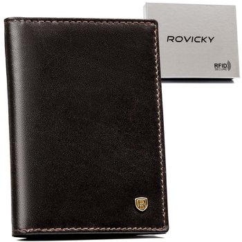 Męskie etui na karty i dokumenty ze skóry naturalnej ROVICKY eleganckie brązowe na prezent pionowe bez zapięcia antykradzieżowe ochrona RFID STOP - Rovicky