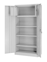 Metalowa, gospodarcza szafa dwudrzwiowa z półkami i szafką wewnętrzną