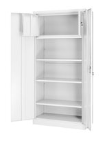 Metalowa, gospodarcza szafa dwudrzwiowa z półkami i szafką wewnętrzną