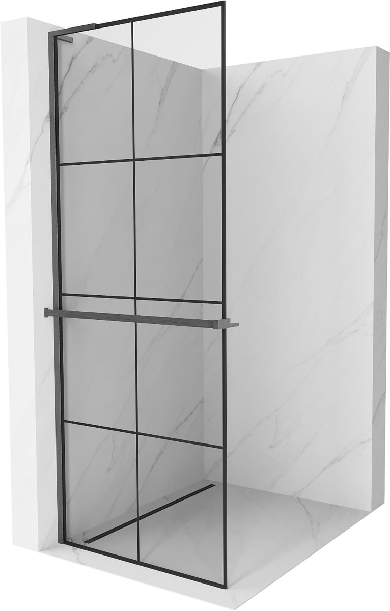 Mexen Kioto+ L ścianka prysznicowa z półką Walk-in 80 x 200 cm, czarna kratka, gun gray szczotkowany - 800-080-123-66-77