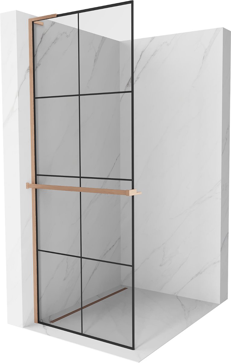 Mexen Kioto+ L ścianka prysznicowa z półką Walk-in 80 x 200 cm, czarna kratka, miedź szczotkowana - 800-080-123-65-77