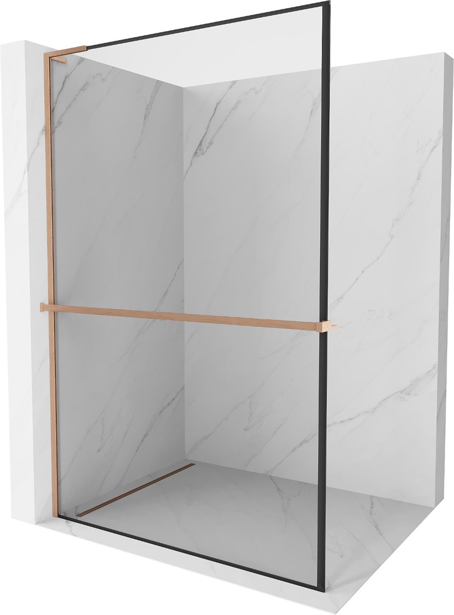 Mexen Kioto+ L ścianka prysznicowa z półką Walk-in 80 x 200 cm, czarna ramka, miedź szczotkowana - 800-080-123-65-70