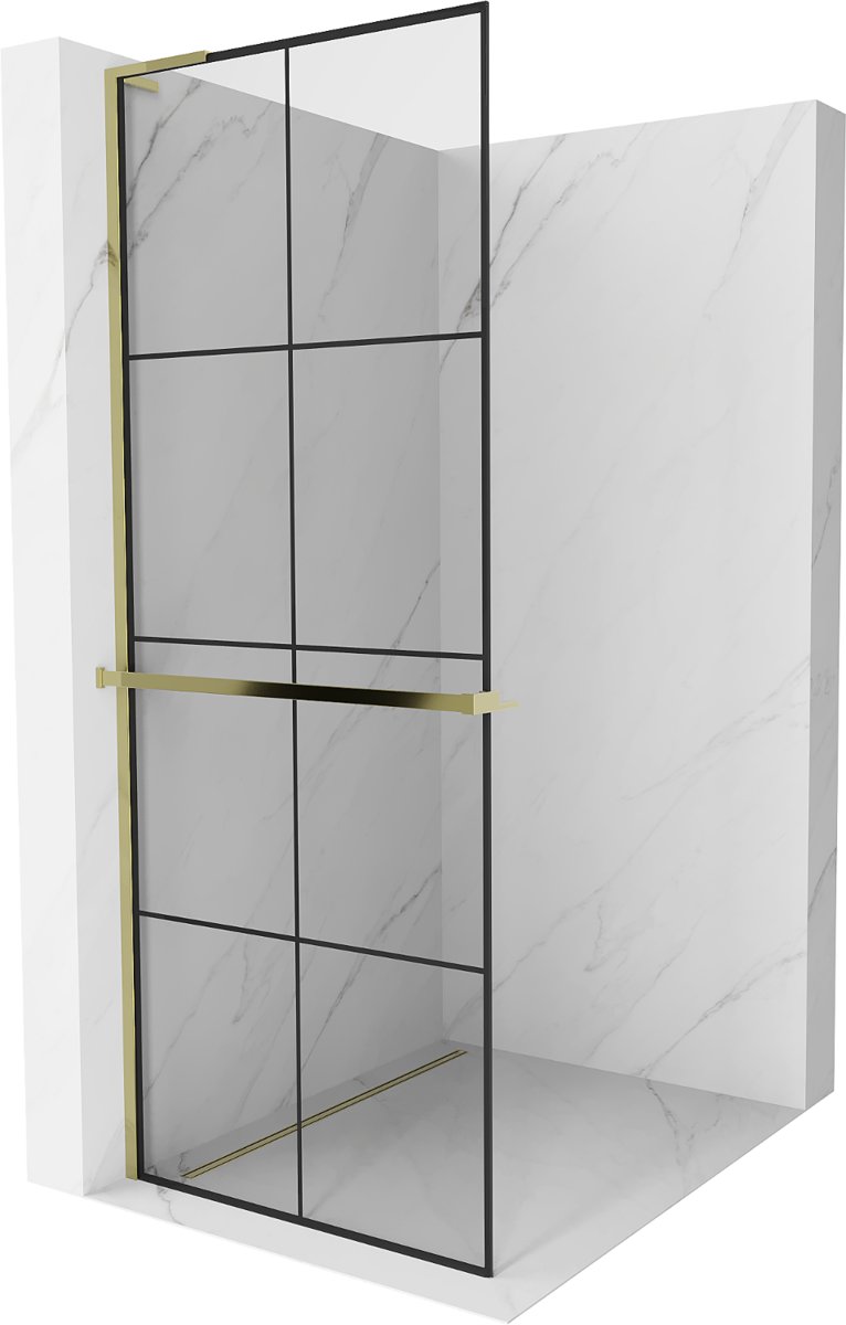 Mexen Kioto+ L ścianka prysznicowa z półką Walk-in 90 x 200 cm, czarna kratka, złota - 800-090-123-50-77