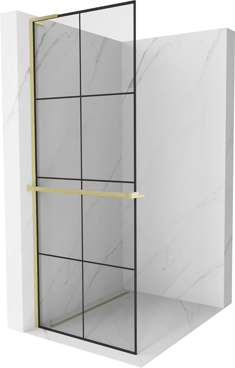 Mexen Kioto+ L ścianka prysznicowa z półką Walk-in 90 x 200 cm, czarna kratka, złota szczotkowana - 800-090-123-55-77
