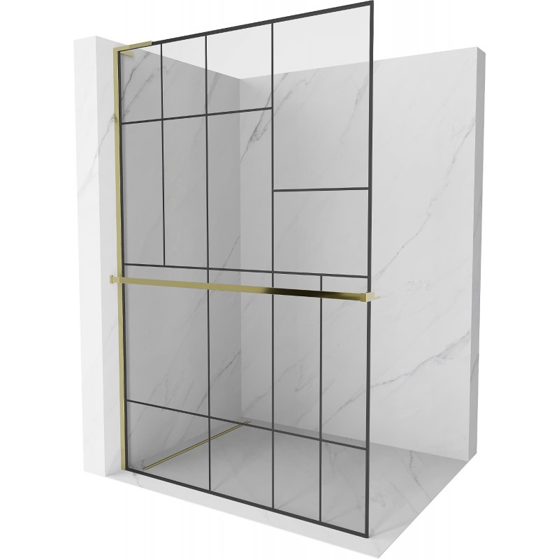Mexen Kioto+ L ścianka prysznicowa z półką Walk-in 90 x 200 cm, czarny wzór, złota - 800-090-123-50-78